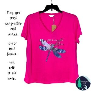 NEW Tendency Dragonfly T-Shirt US Womens XL (tag size Small ) Pink V-neck NWT